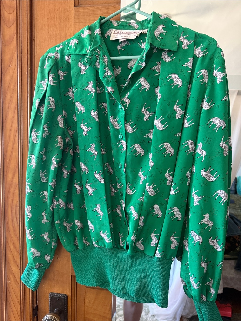 Vintage Rare Castlebury Green Zebra-Print Women's Cardigan Sweater made in USA